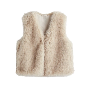 Detailed close-up of light beige faux fur vest showing soft texture and high-quality fibers