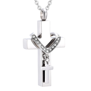 Cross Cremation Urn Necklace For Ashes Stainless Steel Heart Rhinestone Pendant Memorial Jewelry Multi Layer Polished