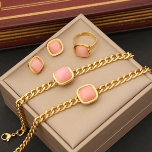 Square Pink Cat Eye Stone Stainless Steel Geometric Clavicle Necklace Bracelet Ring And Stud Earrings Fashion