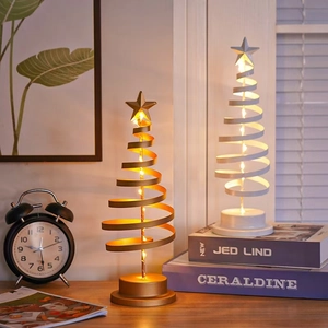Spiral metal Christmas tree desk lamps with LED fairy lights and star topper in gold and white