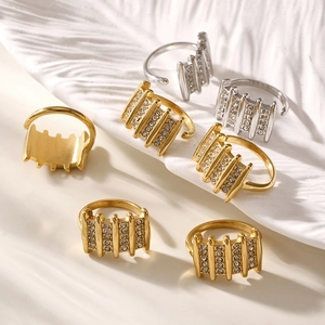 Adjustable geometric rectangle rings with zircon inlay in gold and silver finish
