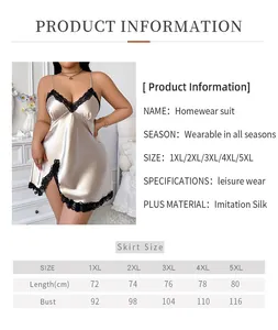 Detailed size chart for plus size satin nightgown from 1XL to 5XL with measurements