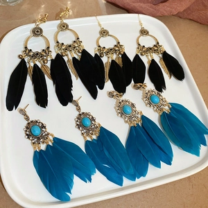 Détails des boucles d'oreilles bohèmes à plumes avec pierre turquoise et accents dorés