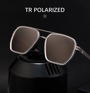 Close-up of TR polarized sunglasses with double bridge metal frame and industrial details