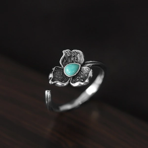 Vintage 925 Sterling Silver Teardrop Turquoise Open Ring For Women Thai Silver Distressed Flower Leaf Adjustable Finger Ring Fashion Jewelry
