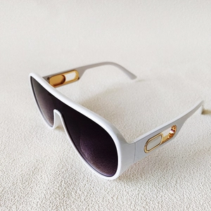 Detail of white oversized sunglasses with gold hollow metal decor on temples