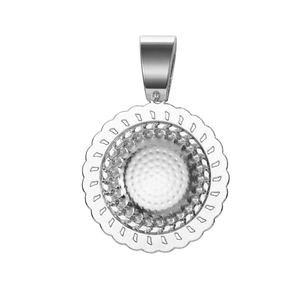 Detailed view of silver hollow lace round pendant setting with smooth metal bail on white background
