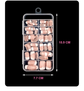Short square French style press-on nails set in storage box with 15.9cm x 7.7cm dimensions