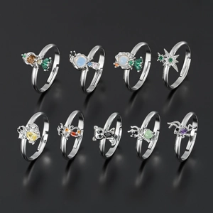 Adjustable silver rings set with colorful zircons in various insect and star shapes