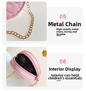 Detail of pink heart-quilted round bag with gold chain and interior storage view