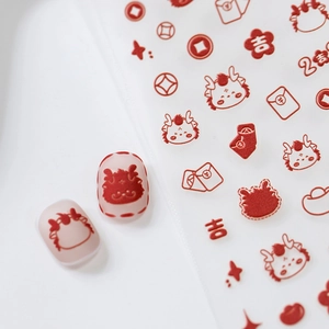 Dragon Year Nail Art Stickers 3D Embossed Chinese New Year Red Lucky Character Relief Adhesive Manicure Decor For Women