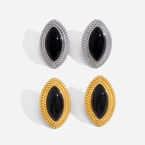 Vintage Stainless Steel Black Enamel Stud Earrings Niche High End Retro Geometric Oval Ear Jewelry For Women Daily Office Gift