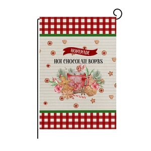 Christmas garden flag with red plaid linen and hot chocolate bomb illustration