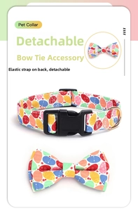 Detail of Easter egg print pet collar with detachable bowtie and buckle feature