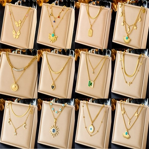 Double Layer Stainless Steel Necklace Women Gold Plated Star Moon Butterfly Turquoise Pendant Vintage Ethnic Boho Style Jewelry