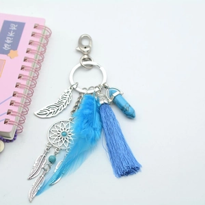 Bohemian dreamcatcher keychain with blue feathers, turquoise stone, and silk tassel charm