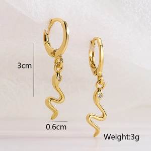 Minimalist 18K gold plated snake drop earrings with white zircon accents for women