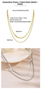 Detail view of PVD plated stainless steel snake and twist layered necklace specifications