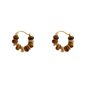Vintage gold plated hoop earrings featuring natural tiger eye beads and metal accents