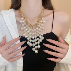 Exaggerated Multi Layer Fringe Necklace With White Imitation Artificial Pearls And Gold Color Alloy M Shape Links Women French Vintage