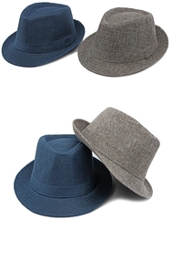 Detail of cross-weave textured fedora hats in navy blue and heather grey colors