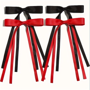 Elegant set of 4 ribbon bow hair clips in red and black satin with long streamers
