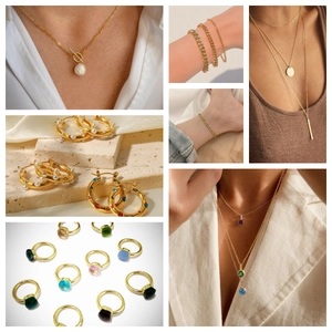 Collage of gold paperclip chain necklaces and freshwater pearl jewelry sets for women