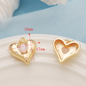 14K gold plated heart flower pendant with pink zircon and size markings, 16mm x 17mm
