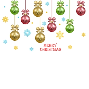 Christmas ornaments with red gold green hanging balls and Merry Christmas wall decals