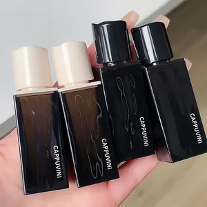 Set of four velvet matte lip glazes in square bottles with brand logo display