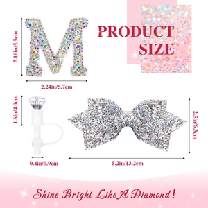 Silver diamond water bottle accessories set with letter charm and straw cover dimensions