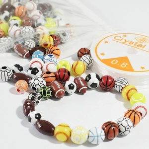 DIY sports ball acrylic beads set with soccer, basketball shapes and 0.8mm elastic string