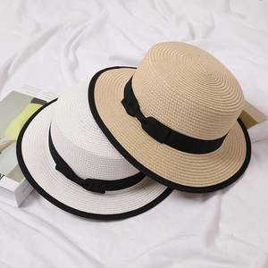 Women Straw Boater Hat Flat Top Sunshade Breathable Bowknot Ribbon Elegant Beach Summer Vacation Outdoor Fashion