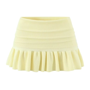 Gonna corta in maglia giallo tenue con balze e coulisse in vita per un look elegante