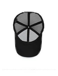 Detail of internal sweatband with branding and breathable mesh on the black trucker hat