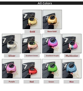 Grid display of oval acrylic clutch bags in various colors with detachable chain straps