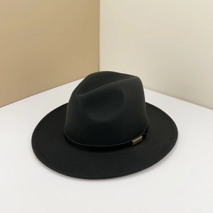 Classic black wool felt jazz hat featuring a faux leather band with gold metal buckle