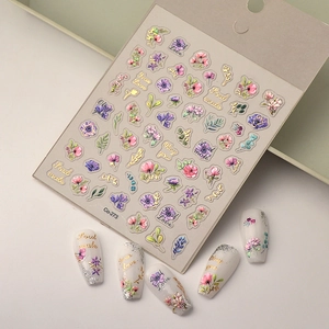 Floral nail stickers with bronzing gold lettering and 3D colorful flower designs