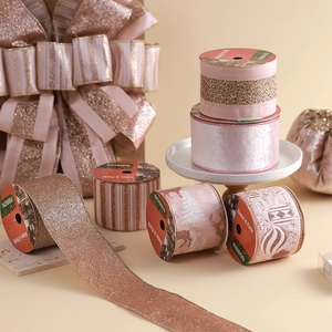Rose gold Christmas ribbons with velvet and glitter deer patterns for holiday DIY decor