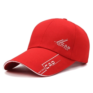 Red canvas baseball cap with CAP Sport Style embroidery and extended brim for sun protection