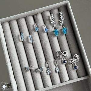 S925 silver stud earrings set featuring blue heart and teardrop cubic zirconia stones