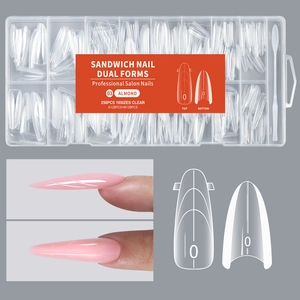 Macro view of 256pcs clear almond nail mold set with 16 sizes and application tool