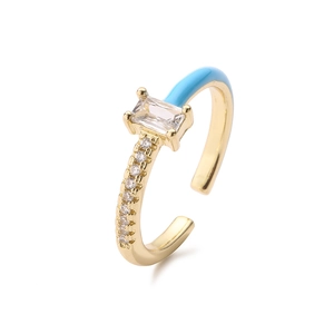 18K gold plated copper ring with blue enamel and zircon rectangular stone inlay