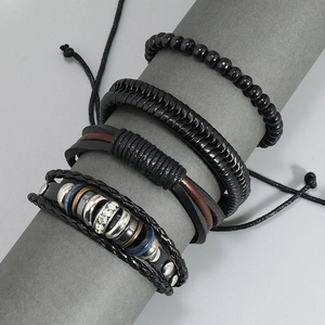 Men's 4-piece multilayer braided black leather bracelet set with beads and metal accents