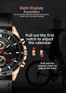 Macro detail of men's quartz sport watch with rose gold case and black leather strap