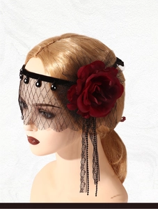 Gothic black mesh veil headband with large red rose flower and beaded fringe tassels