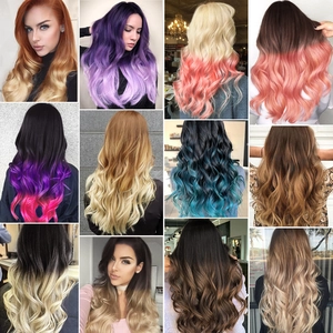 Detail showcasing variety of long wavy hair extensions in vibrant ombre color options