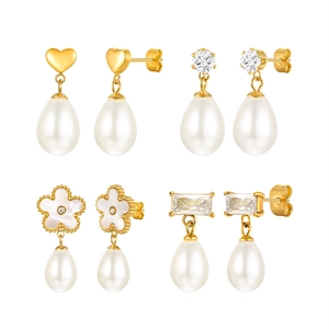Elegant gold earrings set with pearls, zircon heart, and shell clover motifs for women