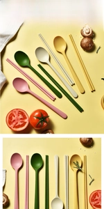 Detail of silicone spoon and chopsticks set in pink, green, beige, and yellow colors