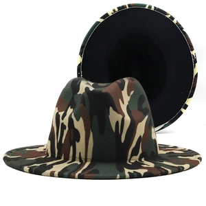 Camouflage Fedora Hat Wide Brim Wool Felt Flat Brim Jazz Cap Fashion Outdoor Sun Protection Unisex